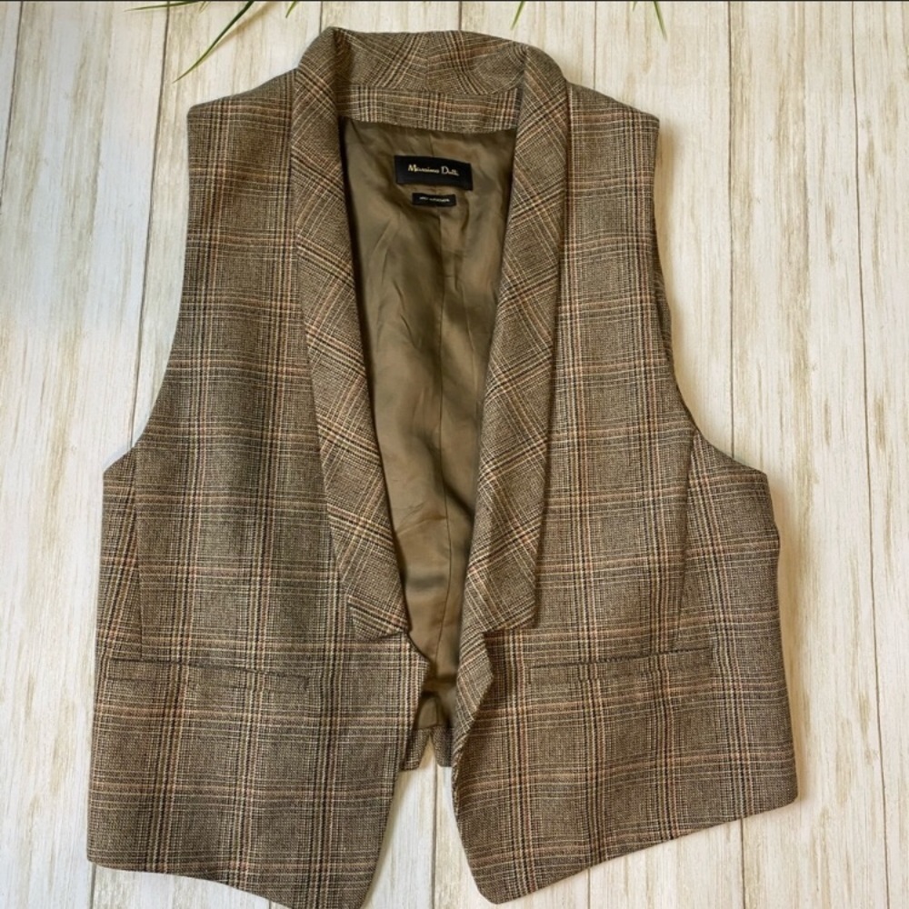 Massimo Dutti wool blend vest large brown plaid